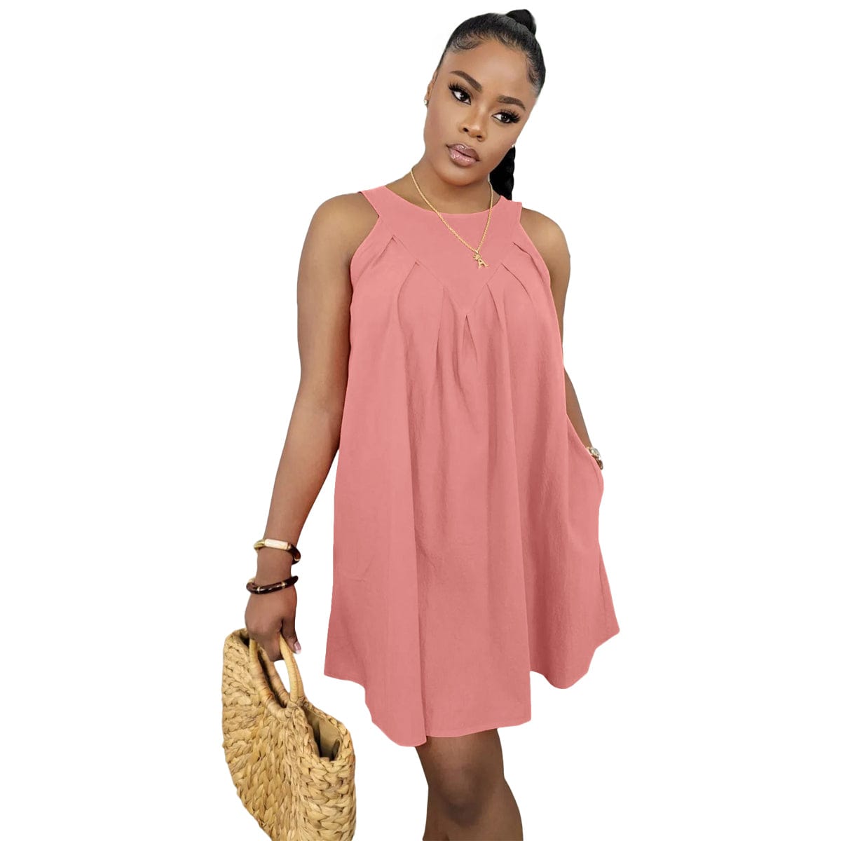 XL / Pink Popular Clothing 2022 New Sleeveless Solid Color Sleeveless Cotton Pocket Loose Dress