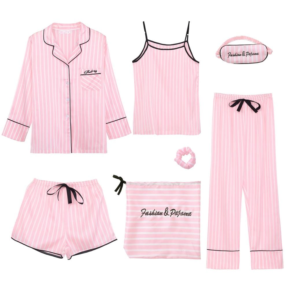 XL / Pink Sleepwear Women Pajama Shirt Sets Satin Night Wear Suits 5 Pieces Women Lounge Wear