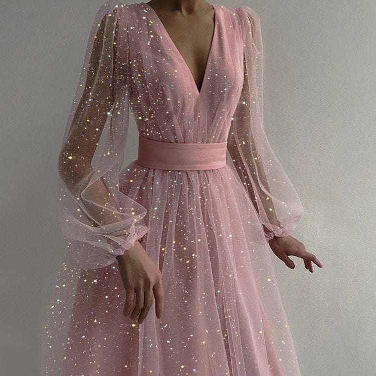 XL / Pink Summer V-neck Lantern Long Sleeve Women Dresses Sequined Mesh Tulle  Knee-high Clothing Lady Elegant Evening Dress