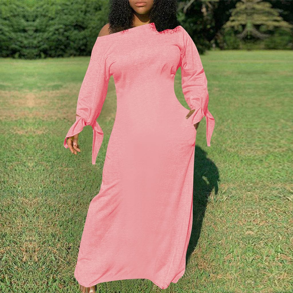 XL / Pink Trendy Women Clothes New Stylish Women Oblique Shoulder Long Sleeves Solid Casual Long Dress Club