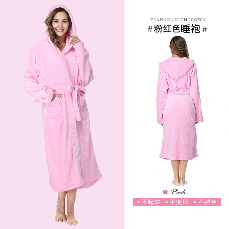 XL / Pink unisex winter warm soft terry cloth flannel bathrobes women's warm plus size 1 piece long sleeve robe pajama gown for women