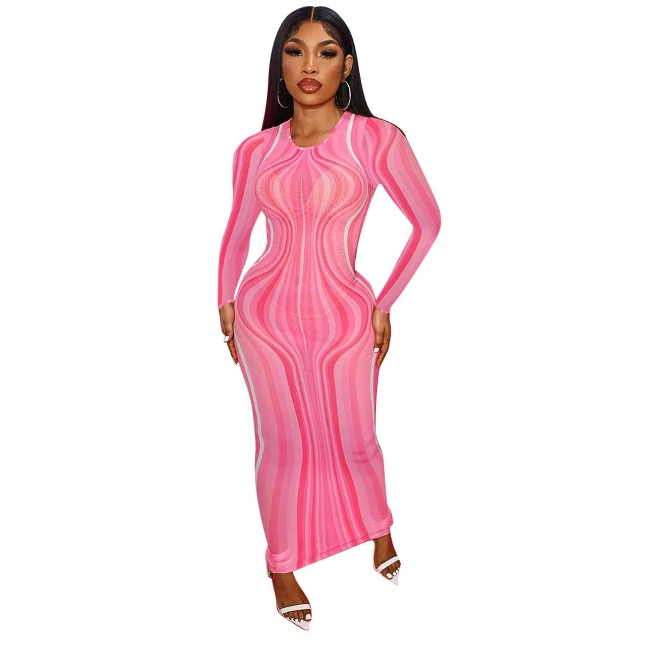 XL / Pink Wholesale Printed Women Dress Maxi Clothes Sheer Dress Long Sleeves Bodycon Stretch Mesh Dress Sexy Transparent