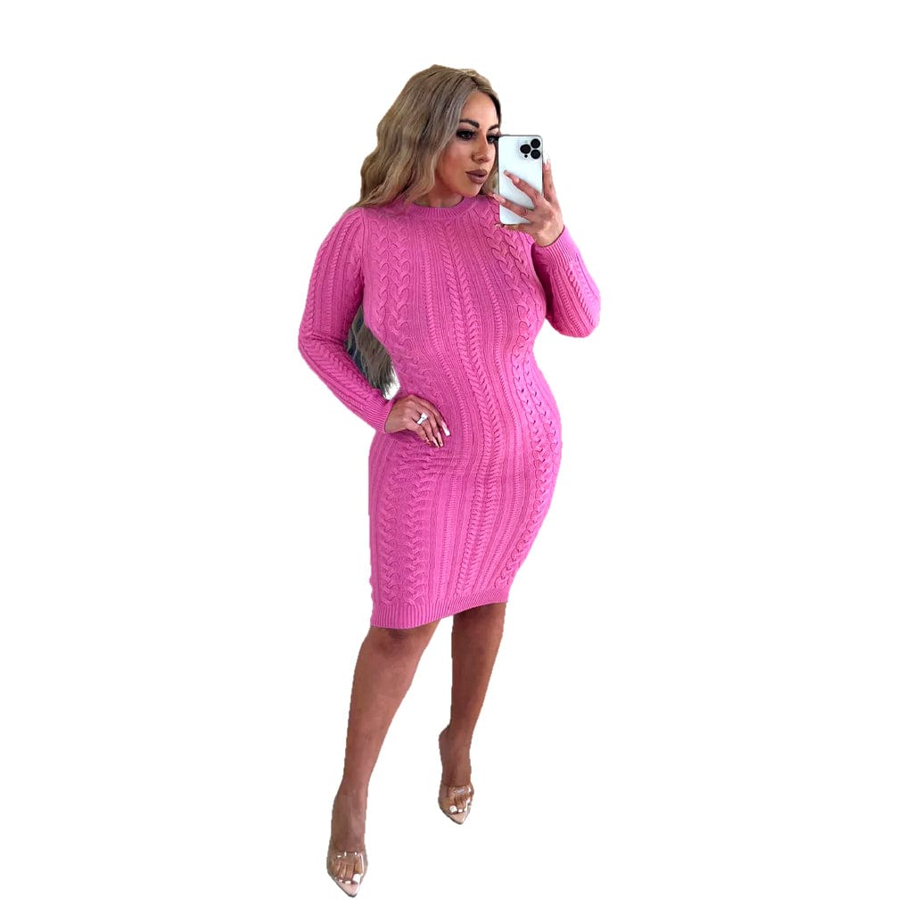 XL / Pink Winter Sexy Long-sleeved Fashion Exclusive Knit Round Neck Backless Sweater Dresses