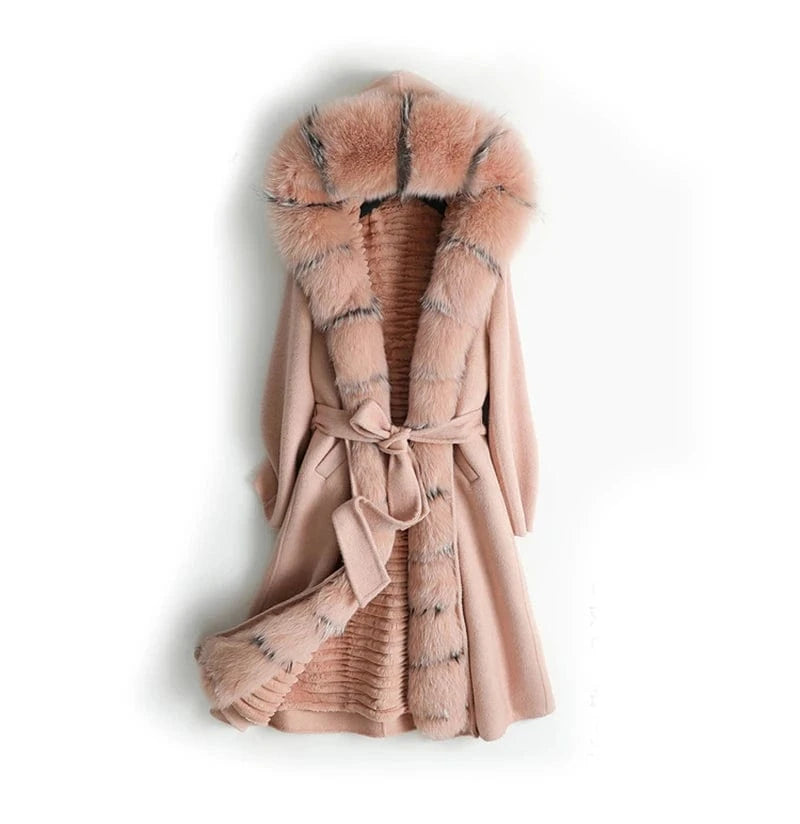 XL / Pink Women real wool coat lady rabbit fur lining fox fur collar jacket female Fall/Winter fur long outwear ZY18170