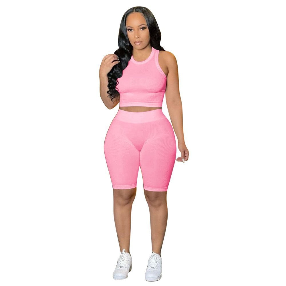 XL / Pink women's 2 sets clothing spring summer ladies solid color casual pit strip sports biker shorts tank top women slim two piece set