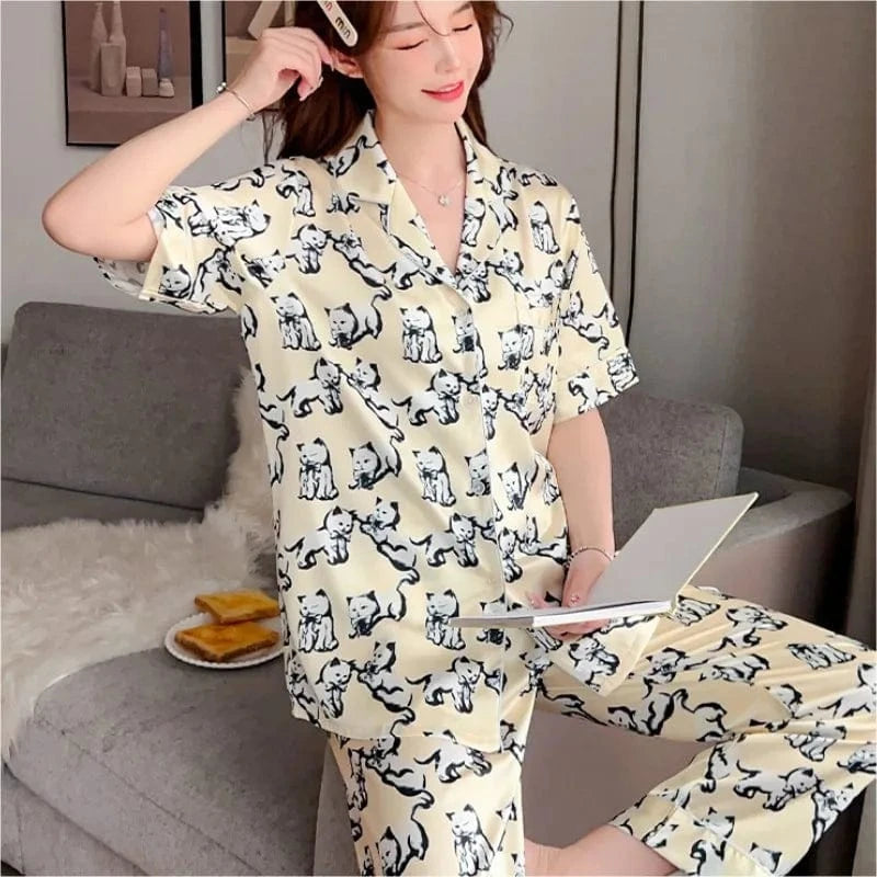 XL / Print Hot Sale High Quality Cute Cat Printing Pyjamas Set Ladies Satin Silk Like Sleepwear Polo Neck Short Sleeve Cardigan Home Suit