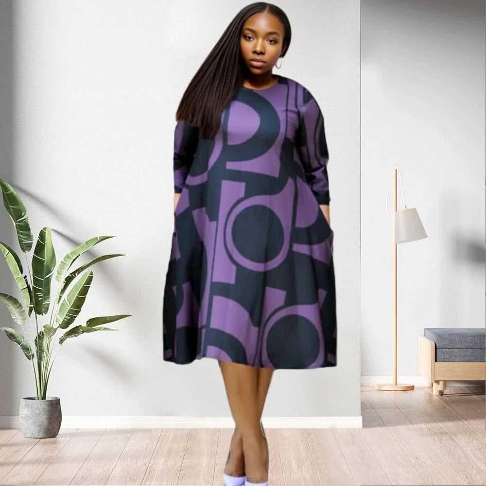 XL / Purple 80927-MX23 3 Colors Ethnic Style Office Women Printed Flare and Fit Dresses