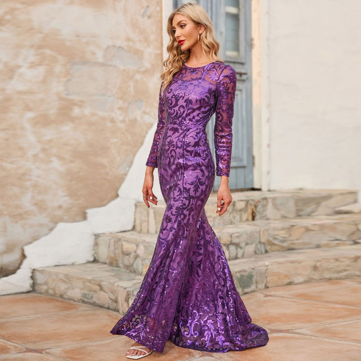 XL / Purple Hot women's dress sexy Long Sleeves Modest Neck hip wrap halter dress chest wrap party evening dress