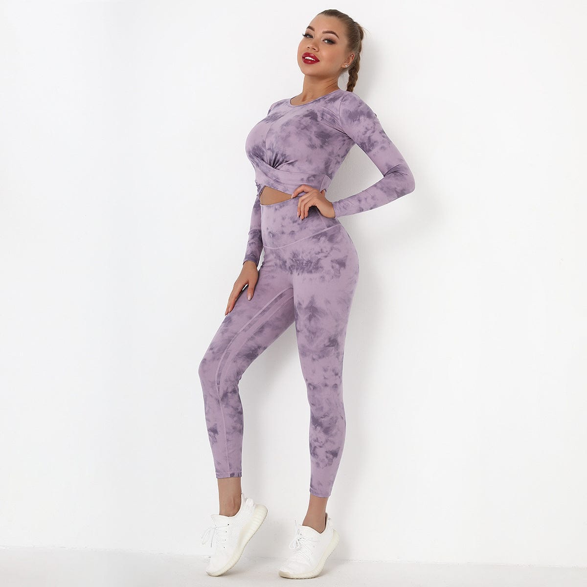 XL / Purple New tie dyed yoga clothes in Europe and America naked feeling frosting sports long sleeve fitness sports pants Yoga Fitness suit