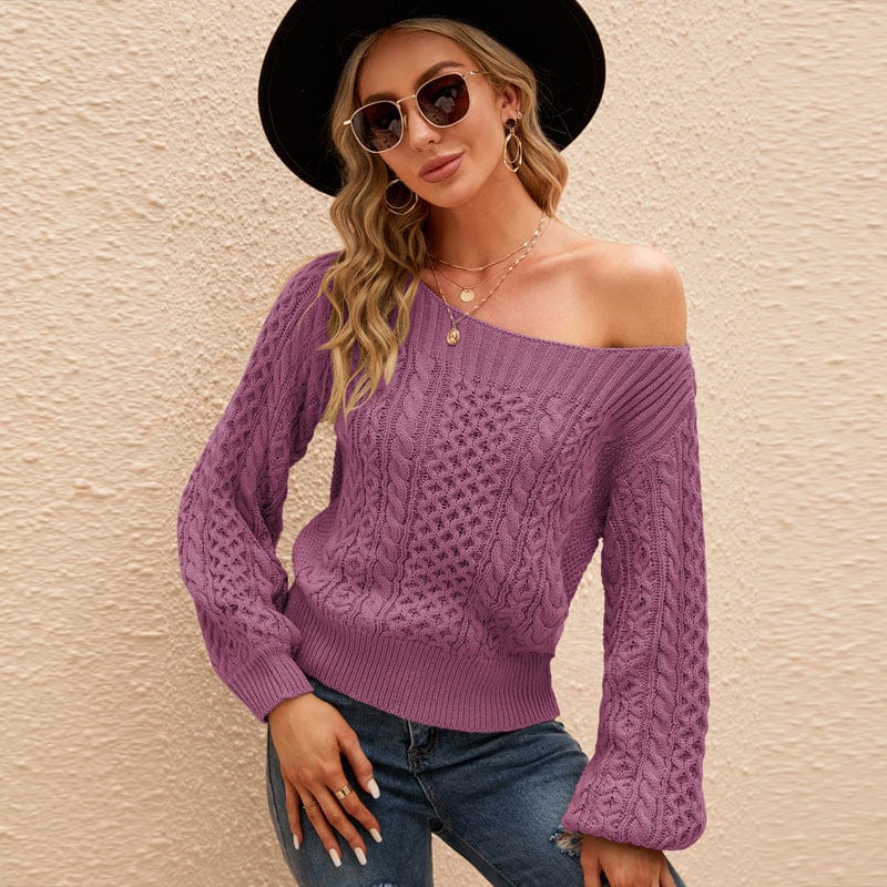 XL / Purple New Women's Blouse Pure Color All-Matching Twisted Knitted Sweater Sexy Slim-Fit Off-Neck