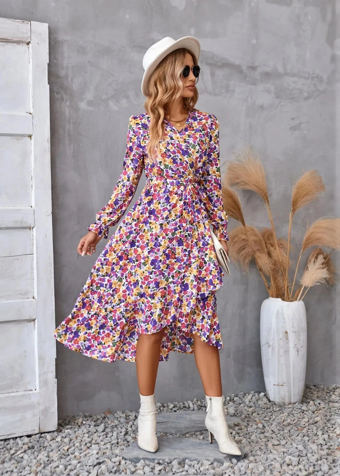 XL / Purple pink Autumn and Winter Printed V-neck Long-sleeved dress women's Commuting Temperament Lace-up Women's dress