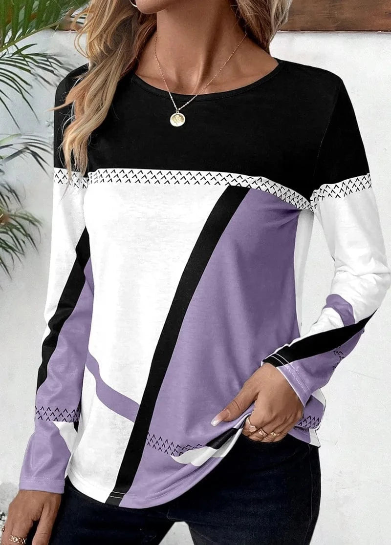 XL / Purple / Polyester / Cotton 2024 European and American Women's new pullover Round neck Contrast color Stitching geometric Printed top Women's T-shirt