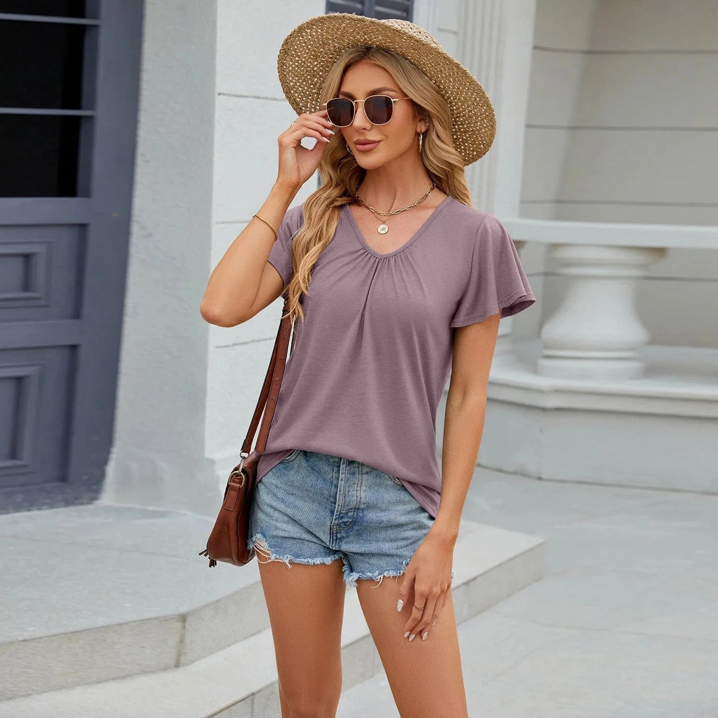 XL / Purple / Polyester / Cotton 2024 Spring And Summer Women's New Solid Color V-neck T-shirt Loose Urban Casual Fashion Short-sleeved T-shirt Tops lady