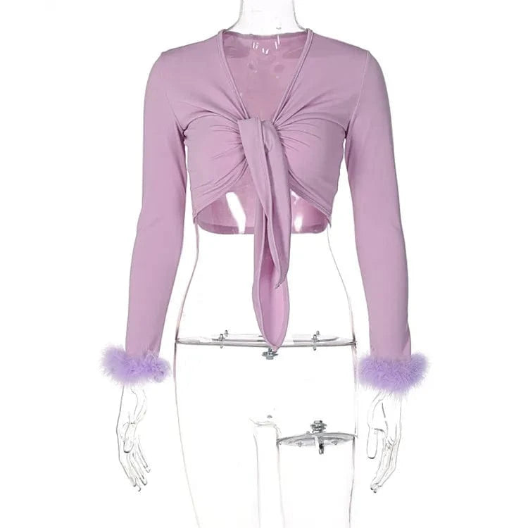 XL / Purple / Spandex / Polyester 2024 Long Sleeve Fur V-neck Wrapped Bandage Sexy Crop Tops Autumn Winter Women T-shirts