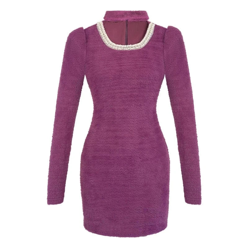XL / Purple ZYHT 50692 2024 Spring Mock Neck Beading Cut-out Sexy Mini Dress Knitted Velvet Purple Casual Short Dresses
