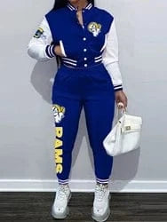 XL / rams Custom  plus size women's sets sport botton baseball uniforms sweatsuit ladies jacket and pants women two piece set