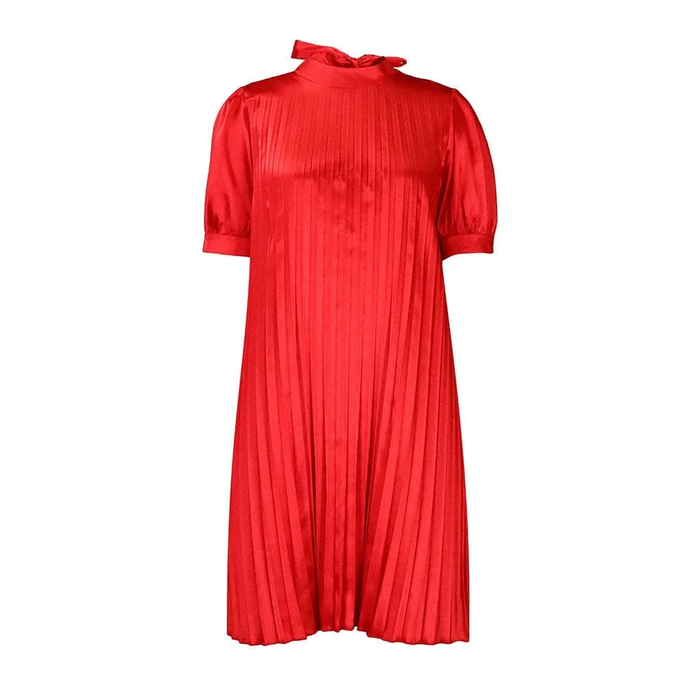 XL / Red 2023 Summer New Fashion Loose Casual Strappy Pleated Dress Women's  Crew Neck Short Sleeves Casual Dress