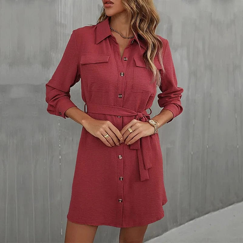 XL / Red 2024 Europe New Fashion Women Lady  Spring  Autumn Lapel Solid Color Casual  Daily Long-sleeved Waist-tied Midi Dress
