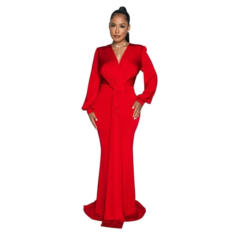 XL / Red 2024 latex women bandage black gowns evening dress formal elegant long sleeve deep v neck maxi evening dress with long sleeves