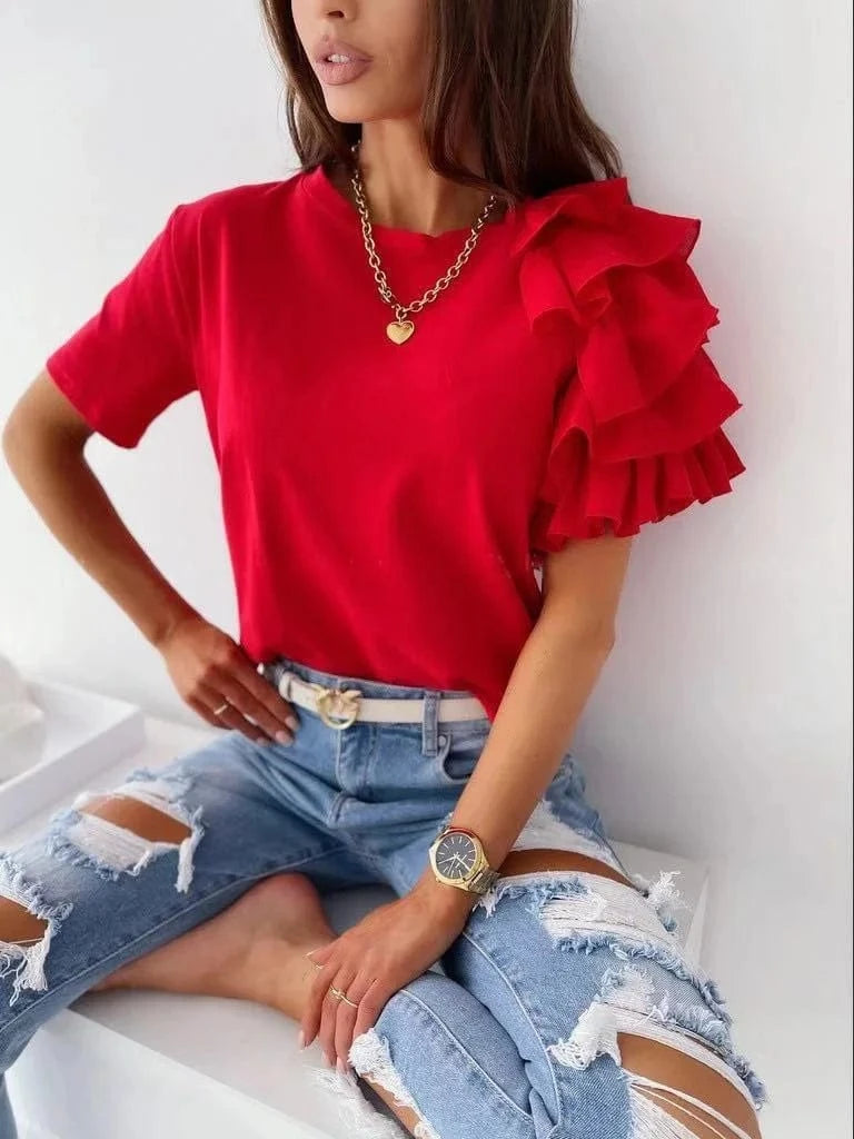 XL / Red 2024 Summer Minimalist Fashionable Women Shirts Tops Solid Color Women's  Ruffle Edge Short Sleeve Versatile Round Neck