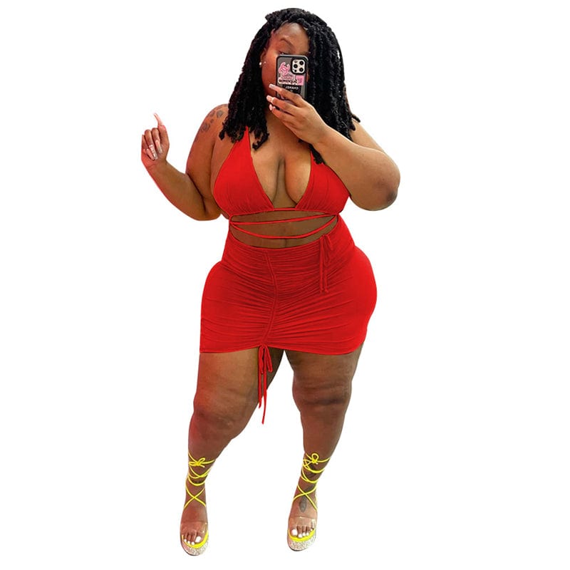 XL / Red 5XL plus size beach wear women's bodycon sexy 2 piece halter bra and mini skirt set party dress clothing sexy club wear outfit