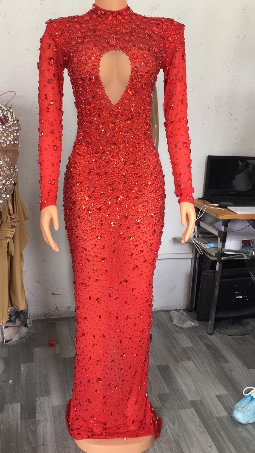 XL / Red AD1307 Kimshein Vestidos De Elegant Dress For Women Full Sleeve Mesh Hollow Out Long Rhinestone Dress Evening Dinner Party