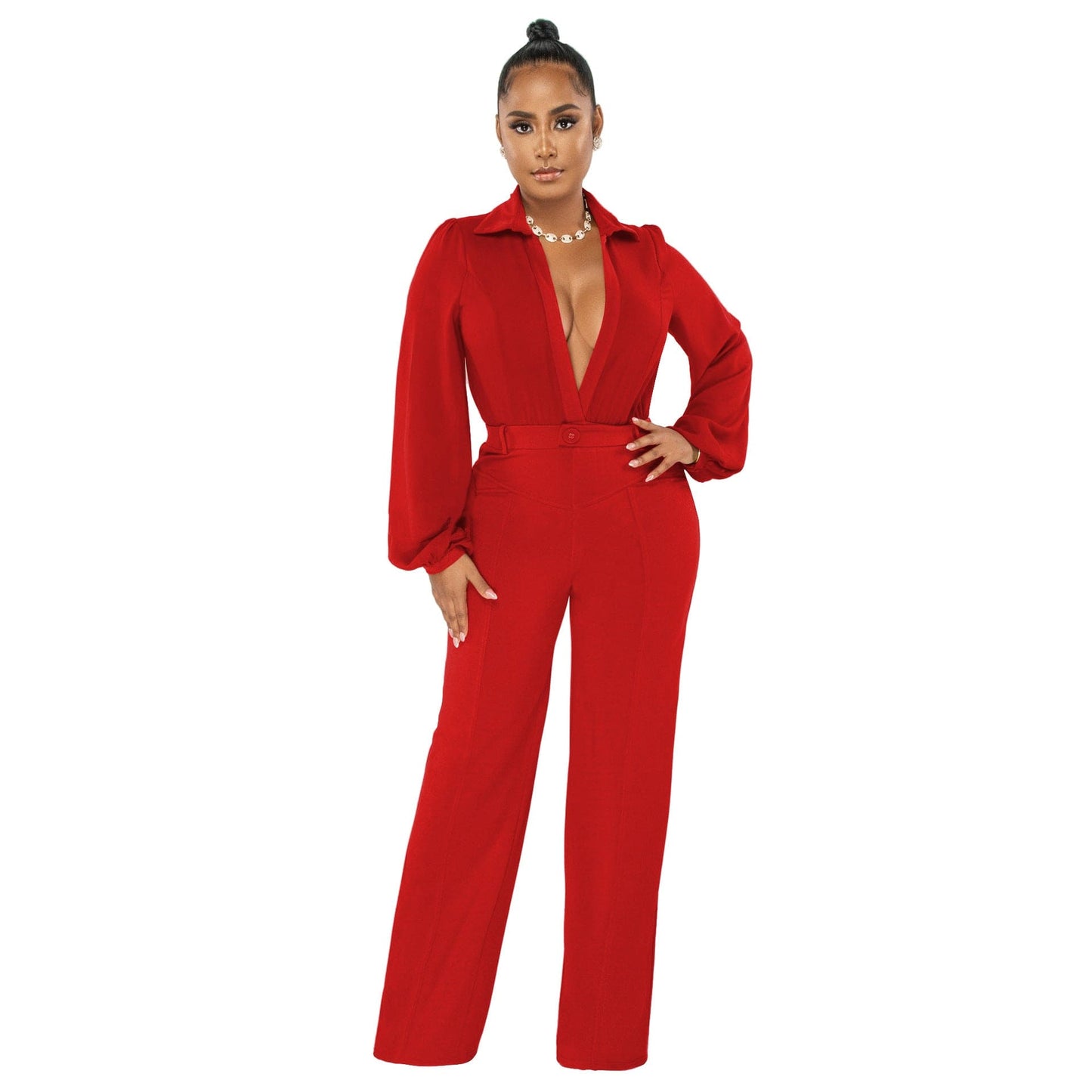 XL / Red AL224 Autumn Women V Neck Fashion Skinny Jumpsuit Solid Long Sleeve Trend Elastic Fitness Activewear Casual Workout Overall