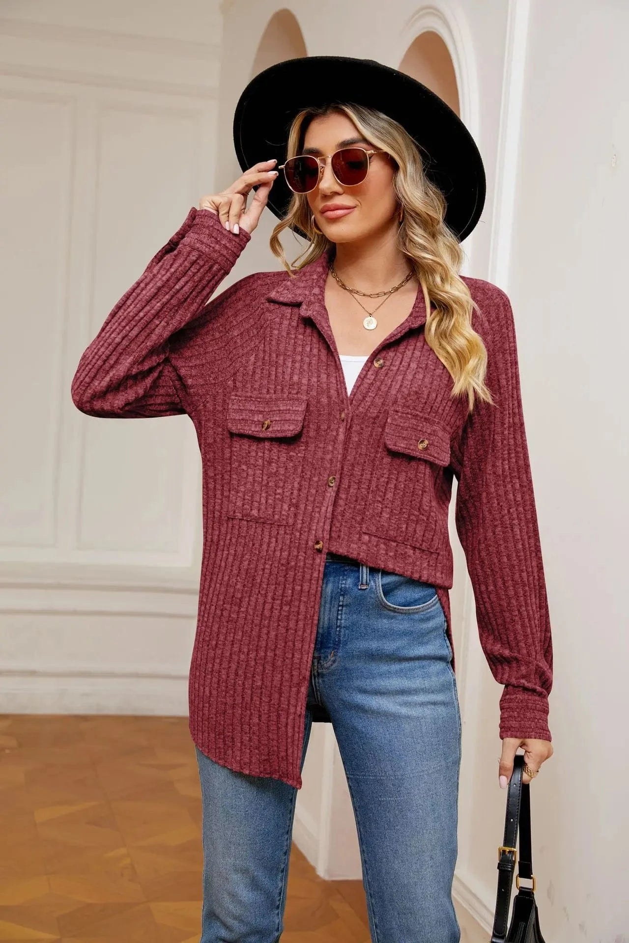 XL / Red Autumn Long Sleeve Leisure Knitted Coat Turn-Down Collar Loose Button Pit Strip Open-front Cardigan Thin Jacket For Women