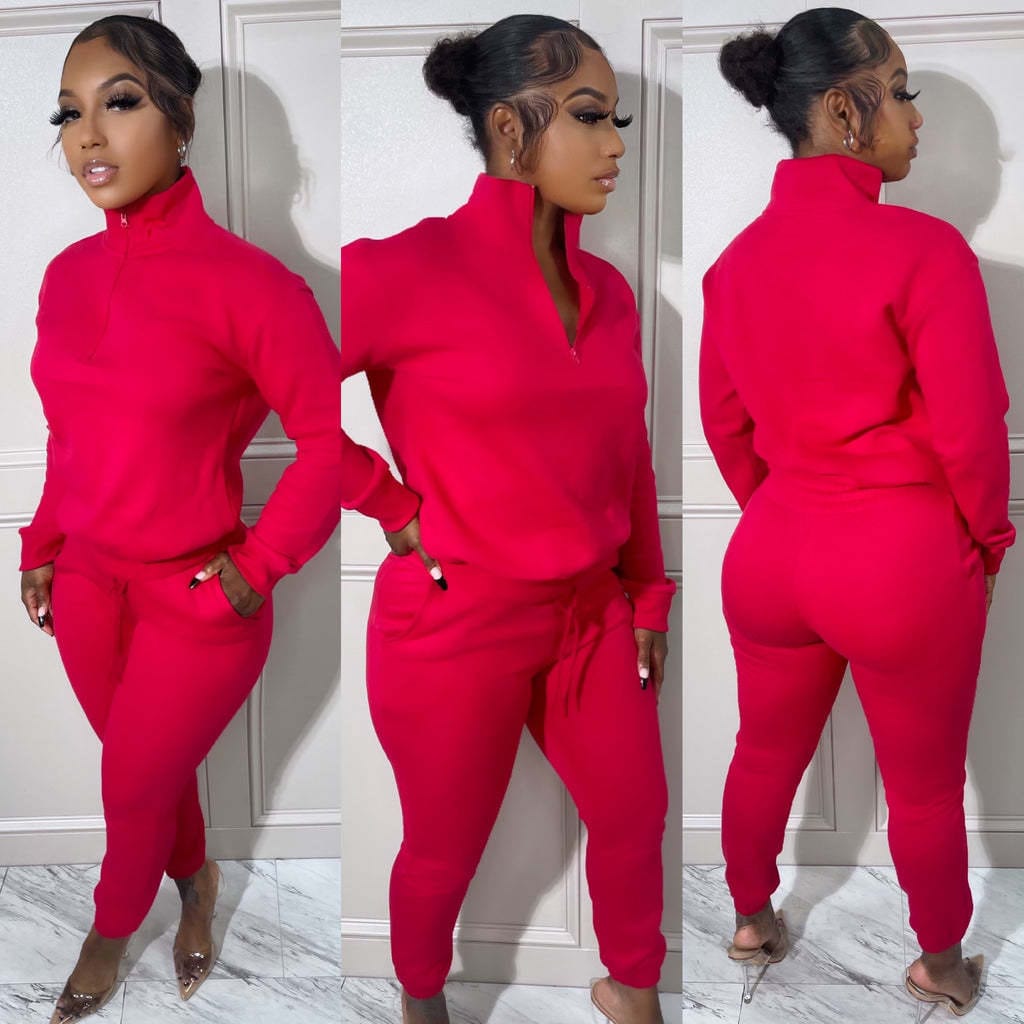 XL / Red C1103TA40 Latest Casual Solid Color Zipper Two Piece Pants Set F or Women Sehe Fashion