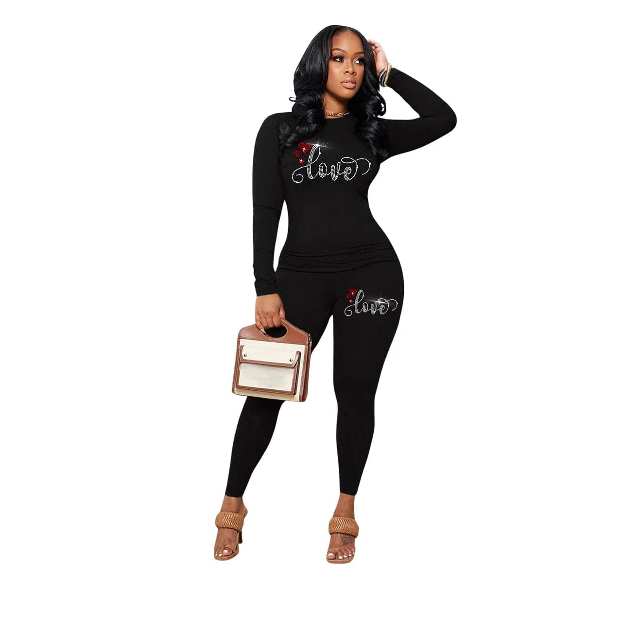 XL / Red Crewneck T-shirt, long-sleeved leggings, Valentine's Day LOVE, hot diamond series, casual two-piece set