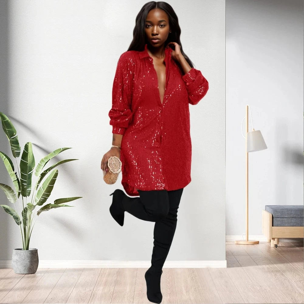 XL / Red D0405TA62 Wholesale Direct Sales Casual Solid Color Sequin Long Sleeve Shirt Dress For Women Sehe Fashion