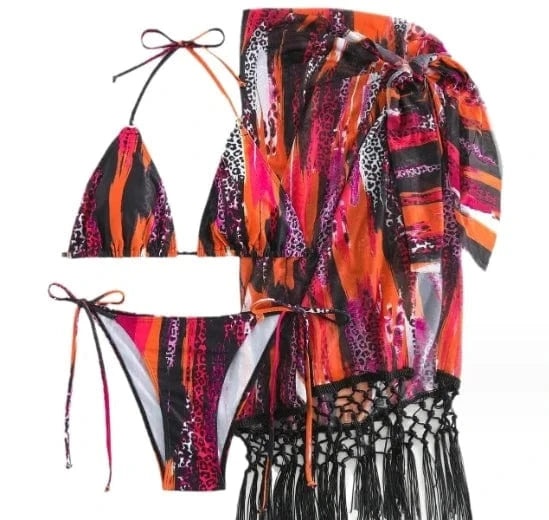 XL / Red Liu Ming New Products 2024 Sexy African Printed Halter Lace Up Tassels Swimwear Bathing Suit 3 Piece Set Bikini