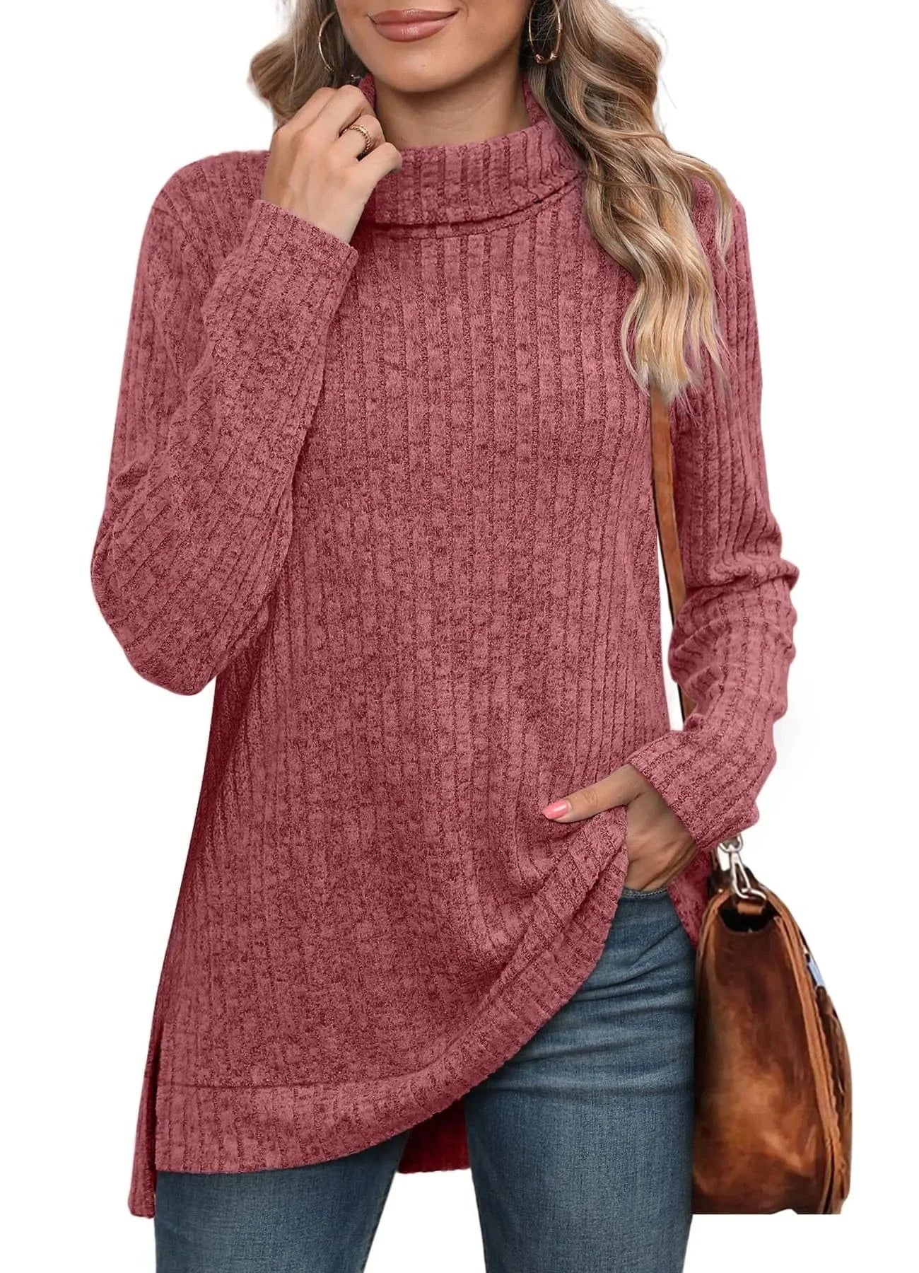 XL / Red New European and American Autumn and Winter High collar neck side split Solid color Long sleeve T-shirt  women's clothing