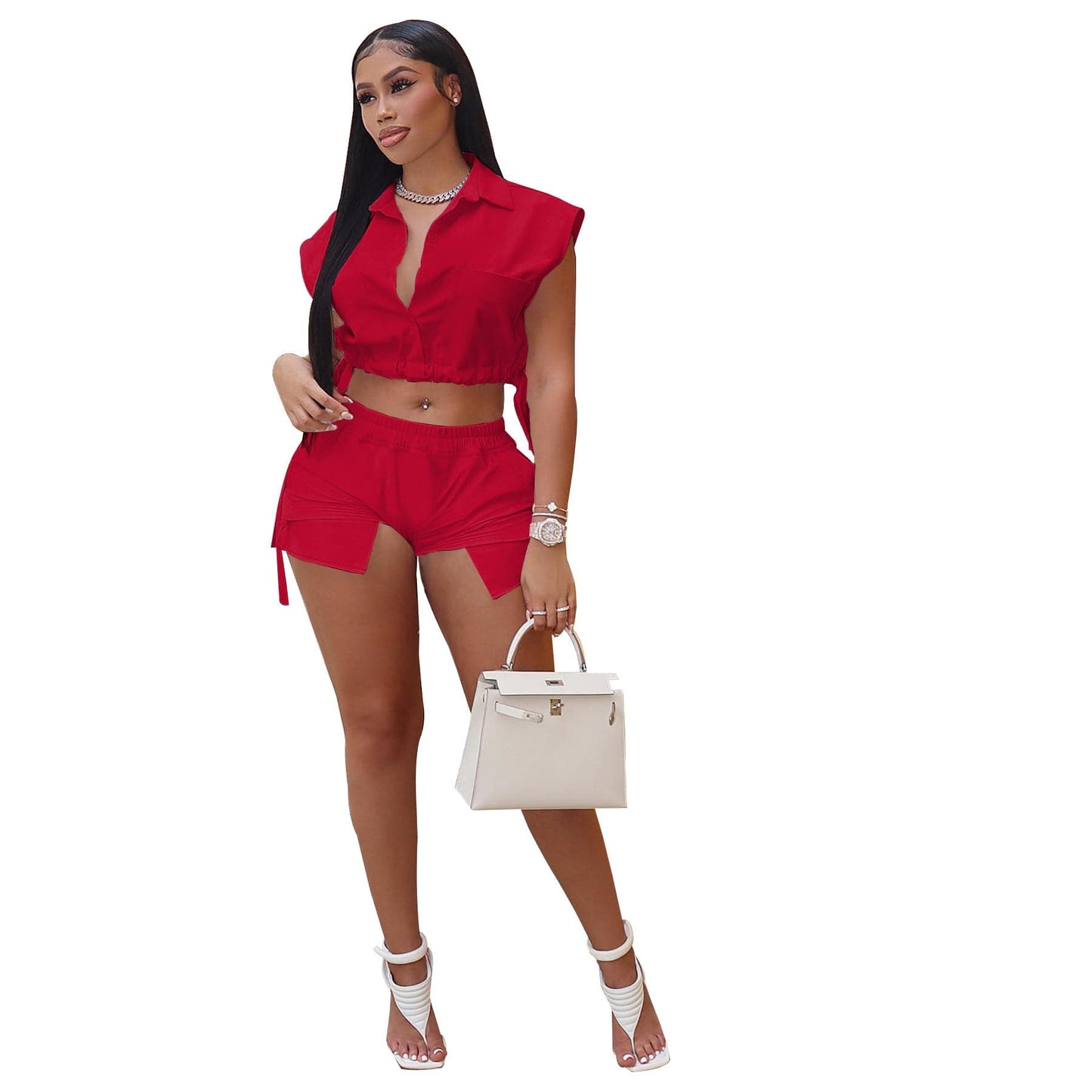 XL / Red Sharee Women Clothing Summer 2 Piece Pants Set Wholesale Sleeveless Short Sets Custom Two Pieces Outfits Short Set for Women