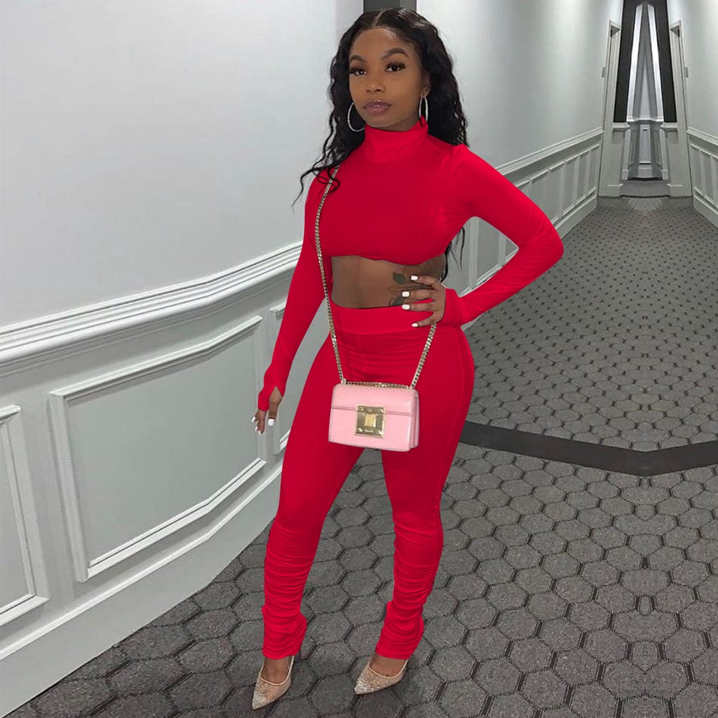 XL / Red Solid Outfit casual Two Piece Sets Womens wear Long Sleeve Turtleneck Bandage Crop Top and Stacked Pant Set Suits