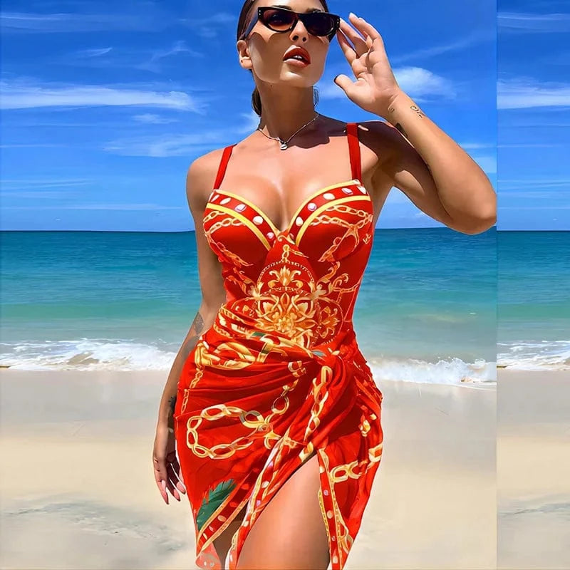XL / Red Summer Surfing Swimwear 2024 Designer Printing Halter High Waist Swimsuit Cover Ups Bathing Suits For Women
