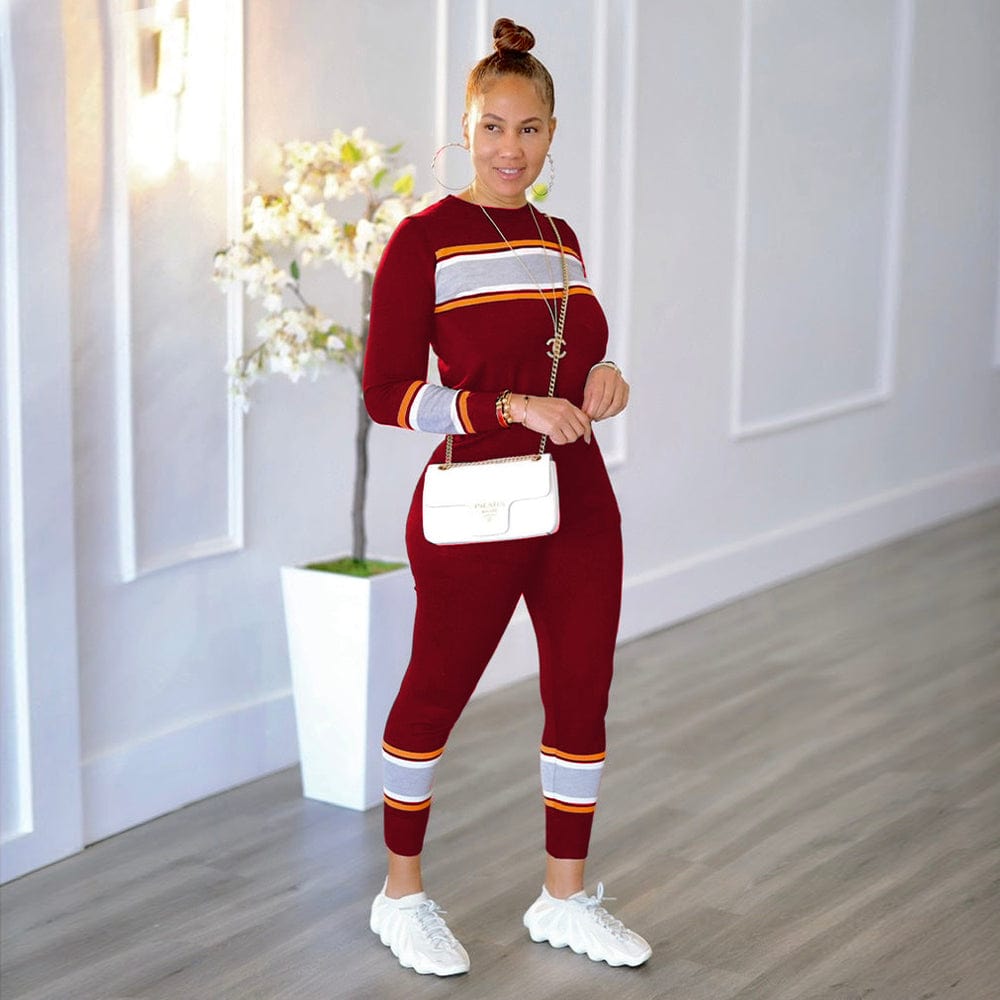 XL / Red Trendy Women Clothes Women's Casual Solid Color Sweatsuit Pullover Crewneck Colorblock Jogger Pants Two Piece Outfit Tracksuits