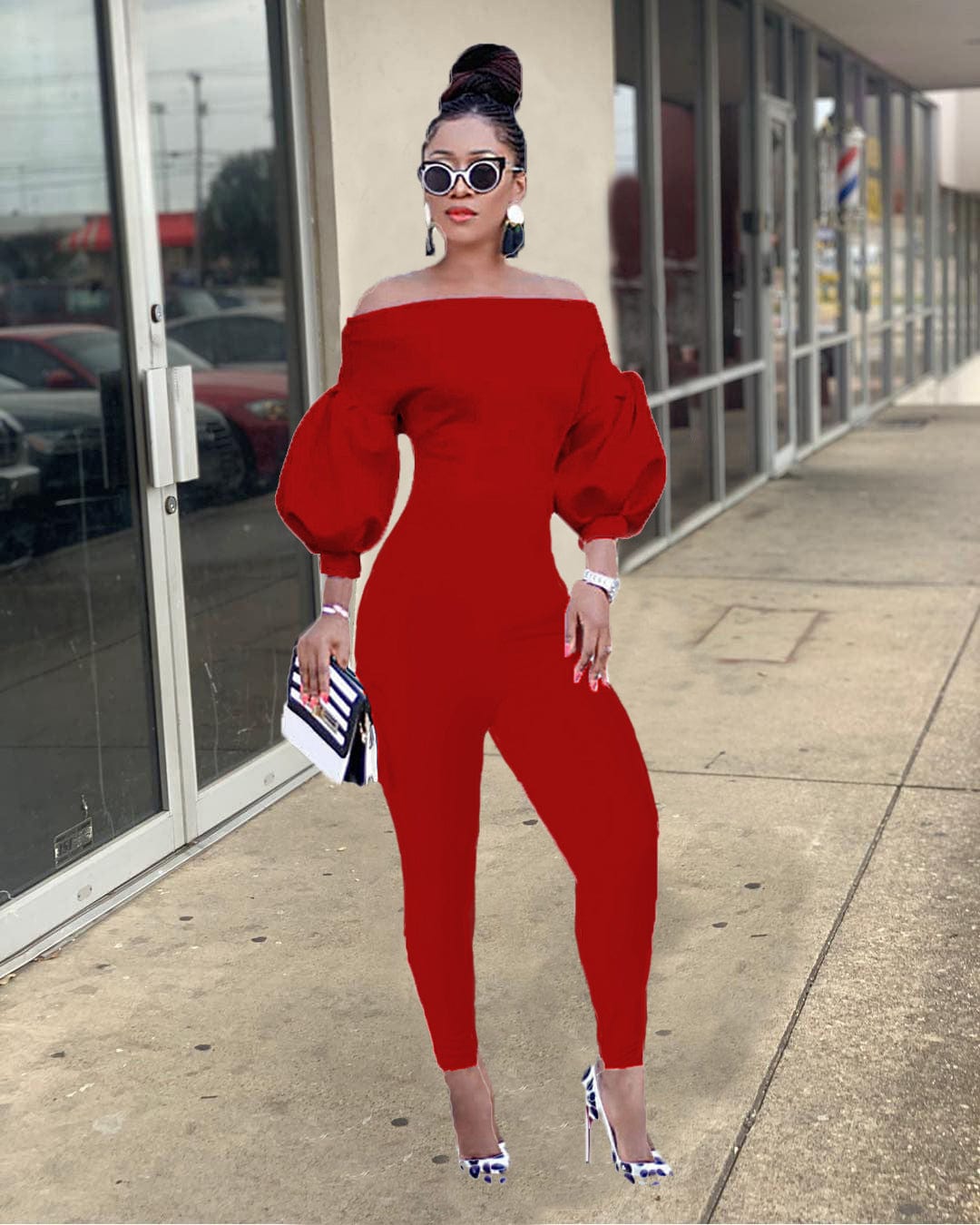 XL / Red Trendy Women Clothes Women's Fashion Off Shoulder Lantern Sleeve Jumpsuit