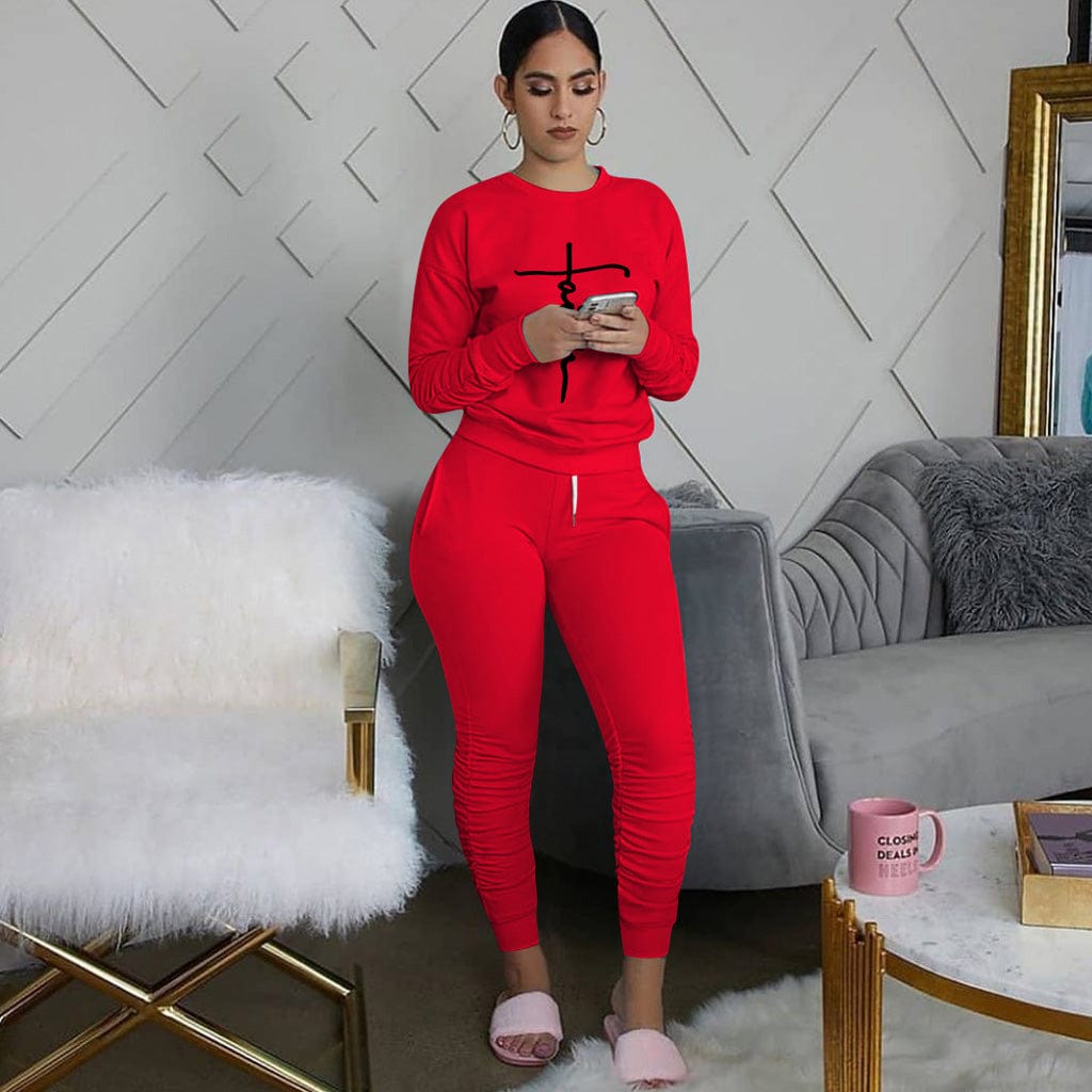 XL / Red Trendy Women Clothes Women's Letter Printing Two-piece Suit Sports Jogger Tracksuit Fashion Yoga Outfit All Base Drop shipping