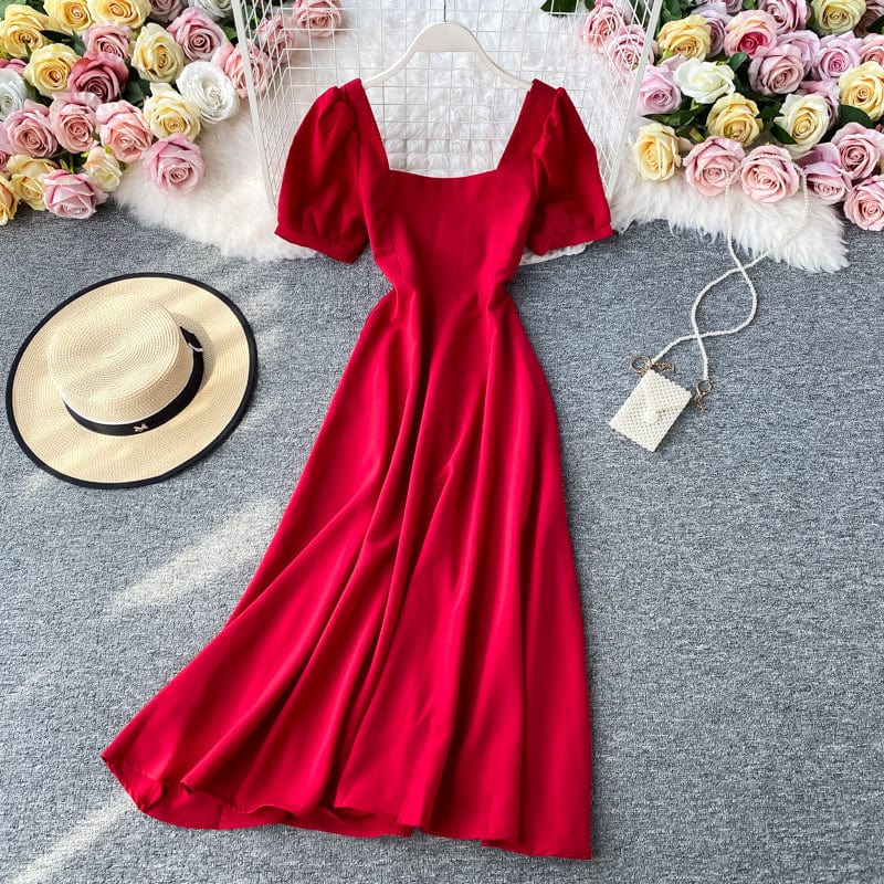 XL / Red Vintage Audrey Hepburn Dress Women Ball Gown With Lining Midi Dress Square Collar Slim Waist Side Zipper Puff Sleeve D13414X