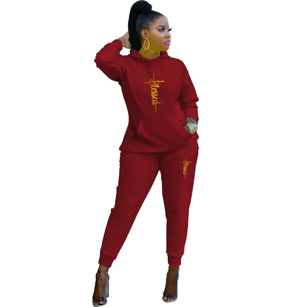 XL / Red Women Tracksuit  Casual Women Clothing Set Autumn Pocketed Printed Drawstring Hooded Collar Long Sleeve Two Pieces