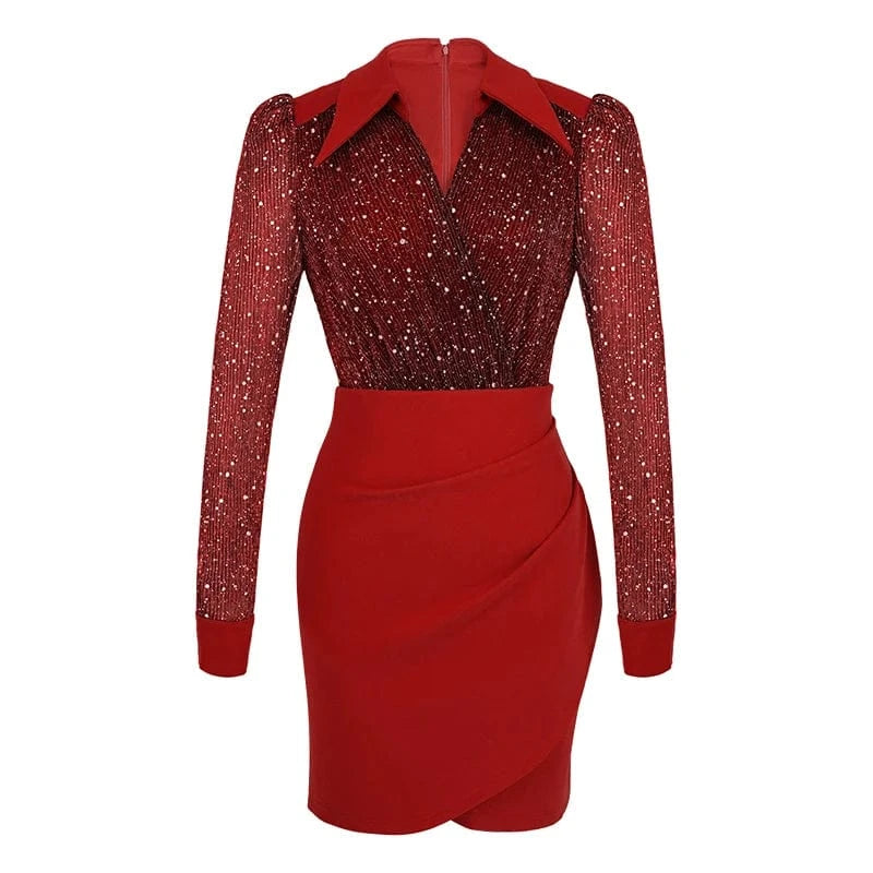 XL / Red ZYHT 50673 4 Color Choices Sequins V Neck Irregular Mini Dresses Fashion Ruched Design Sexy One Step Dress