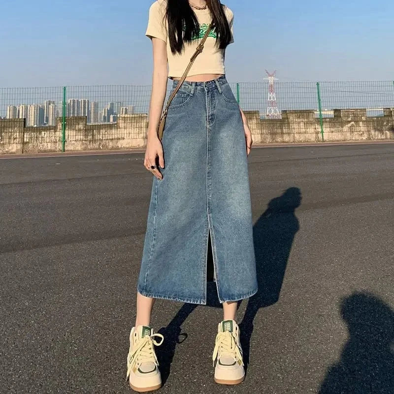 XL / Retro Blue Women Fashion New Summer Denim A-line Hight Waist Solid Midi Skirt Casual Loose Color Dress Pencil Casual Skirt