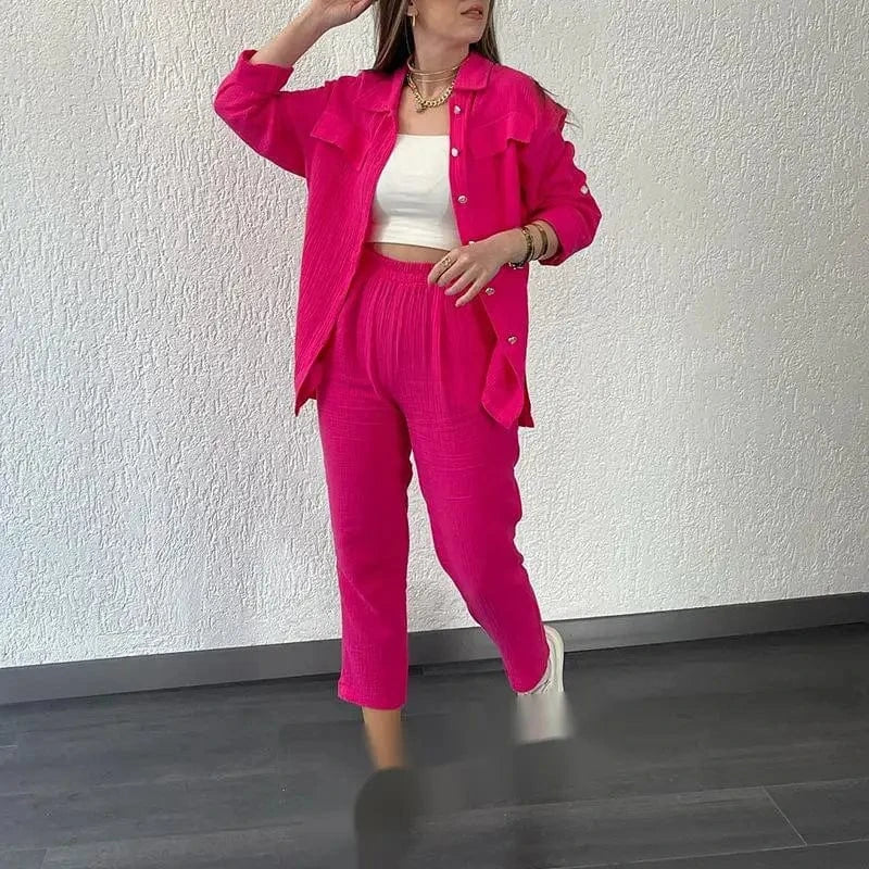 XL / Rose Madder S-2XL New Double layered Crepe Loose Large Lapel Long sleeved Shirt Casual Set