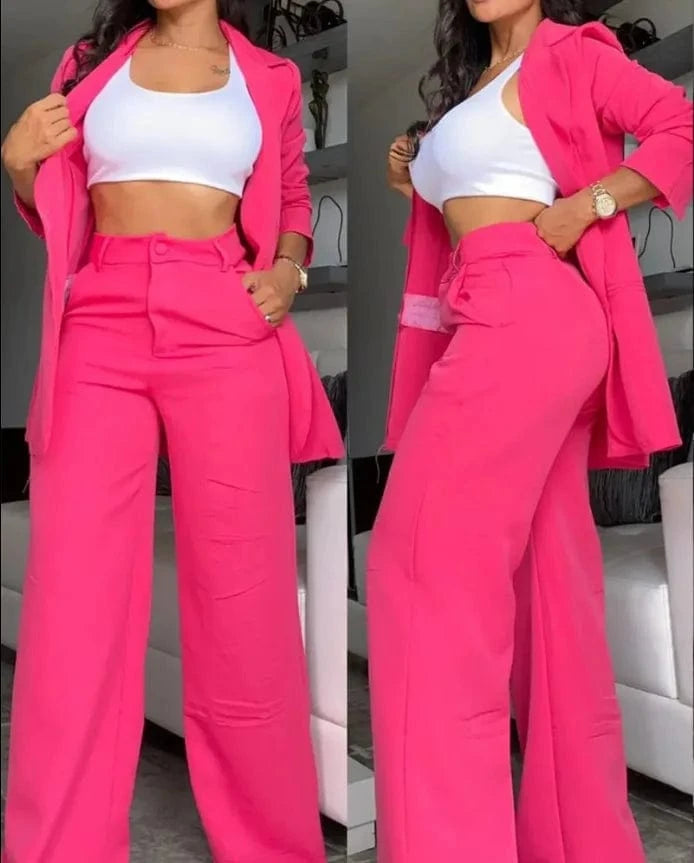 XL / Rose Madder S-3XL Women's Elegant and Elegant Solid Color Split Sleeve Flip Collar Suit Pocket Straight leg Trouser Set