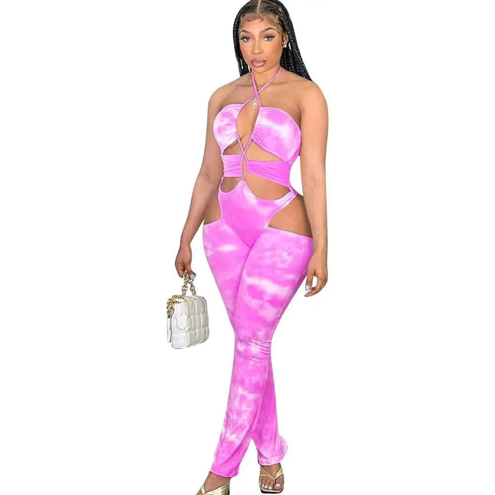 XL / Rose Madder Women Lace Up Printed Sexy Playsuits Sleeveless Cut Out Summer Ladies Halter Tube Top Jumpsuit