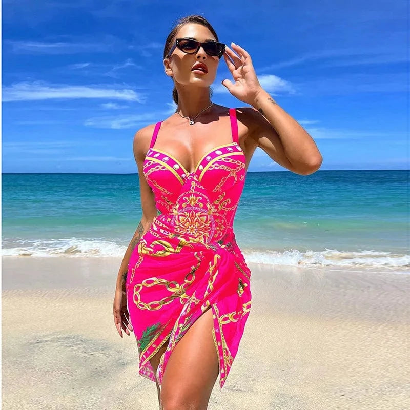 XL / Rose Summer Surfing Swimwear 2024 Designer Printing Halter High Waist Swimsuit Cover Ups Bathing Suits For Women