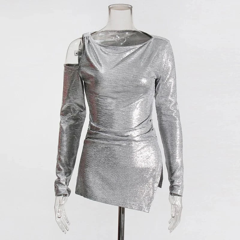 XL / silver / Polyester / Cotton CHICEVER Round Neck Long Sleeve Irregular Hem Long Sleeve Cotton Crop Top Women T-Shirt