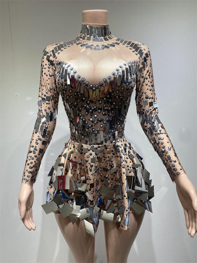 XL / Skin Handmade Sparkling Sequin Bling Dress Festival Long Sleeve Slimming Performance Wear Party Night Club Dress