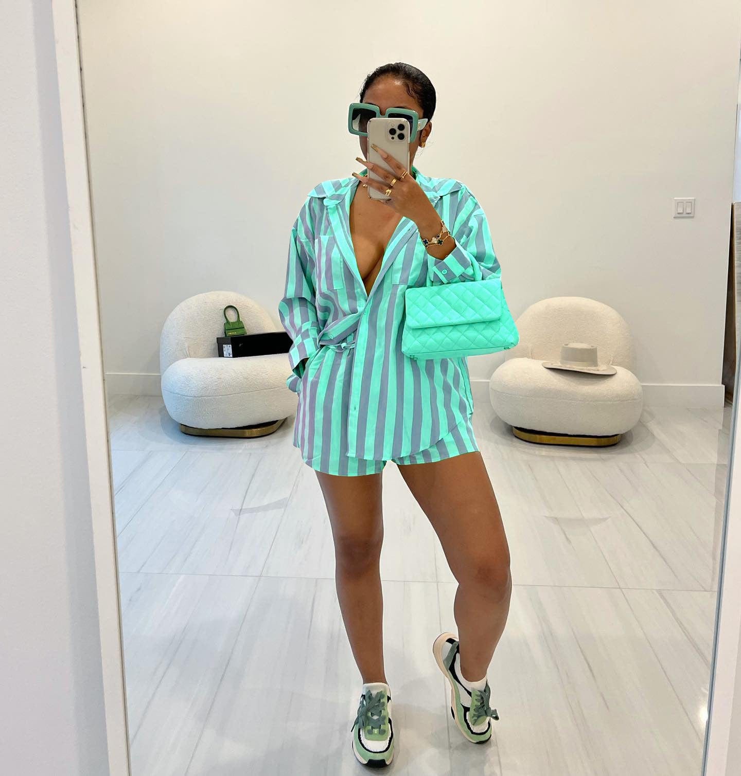 XL / Sky Blue Summer Women's Fashion Nylon Elastic Fabric Stripe Two Piece Set Casual Polo Collar Shirt Set for Women